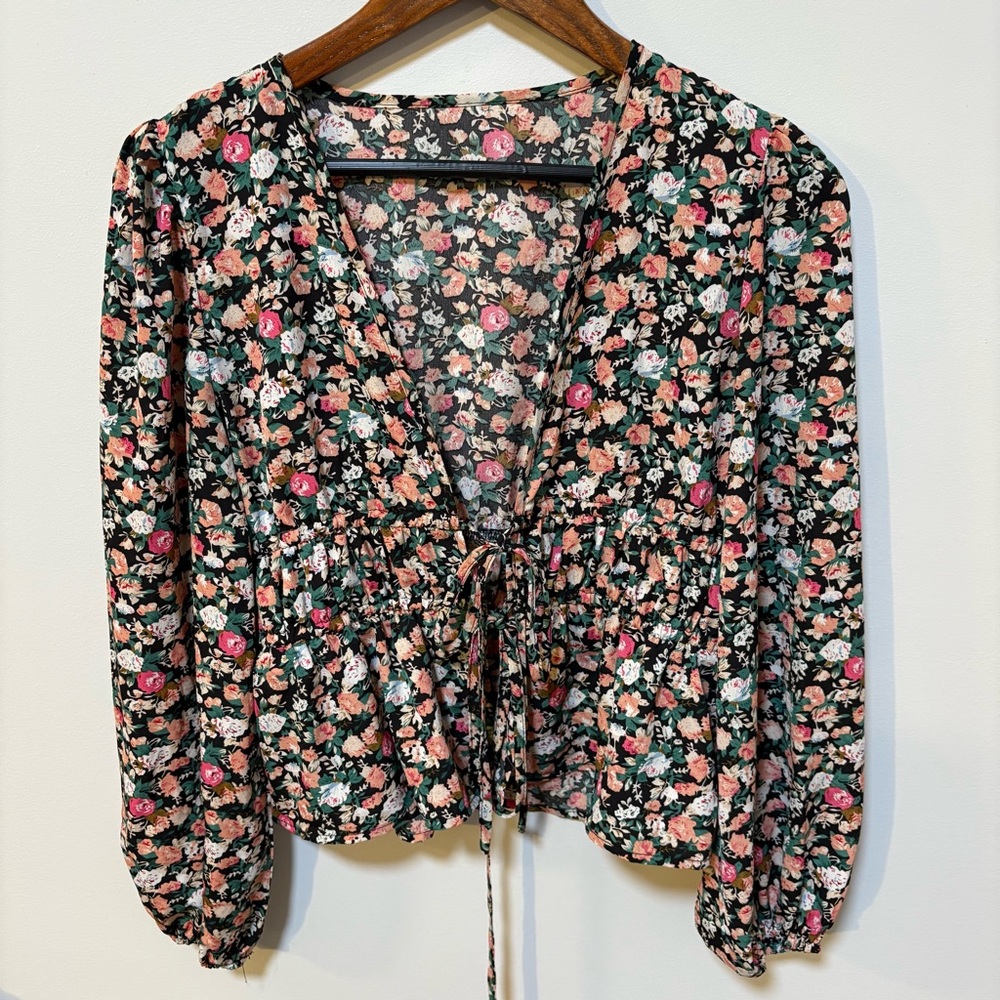 Floral Whimsical Soft Goth Layering Blouse Tie Front Medium